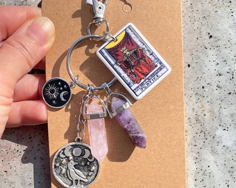 Self-love - Confidence - JUSTICE Tarot Card Acrylic Bag Charm, Rose Quartz & Amethyst Healing Stones, Lawyer Gift, Passed Bar Exam Gift