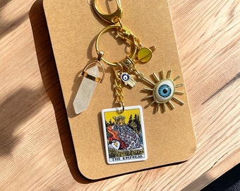 The Empress Tarot Card Charm Keychain, Zipper, NATURAL QUARTZ Healing Stone, All Seeing Eye, Evil Eye, Hamsa Hand, Positive Energy Gift