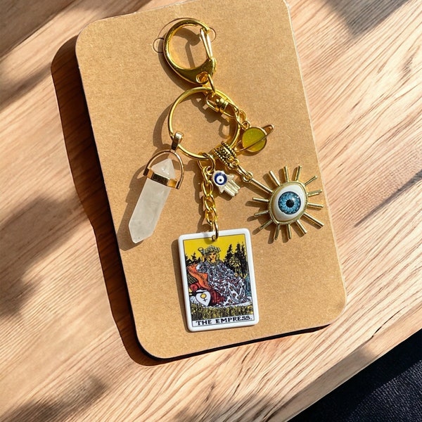 The Empress Tarot Card Charm Keychain, Zipper, NATURAL QUARTZ Healing Stone, All Seeing Eye, Evil Eye, Hamsa Hand, Positive Energy Gift