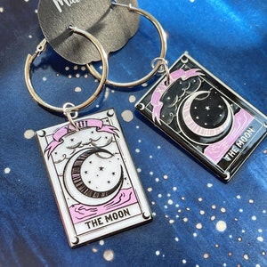 Black and White Gothic The MOON Tarot Card Hoop Earrings Dangle | Gothic Acrylic The Moon Card Charms | Mystery Holiday Gifts