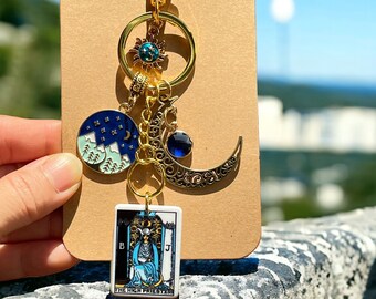 Pendentif tarot grande prêtresse, porte-clés lune céleste en cristal, accessoire pour tirette