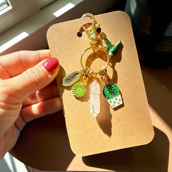 Natural Clear Quartz 14k Gold Plated Wire Wrapped, Positive Energy Gift, Cactus, Daisy, Green Bird