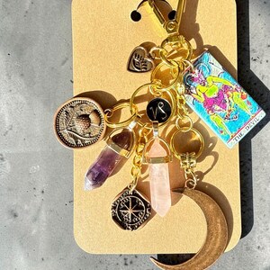 Capricorn Zodiac Bag Charm, Amethyst Rose Quartz Crystals, Moon Compass Tarot Pendant image 5