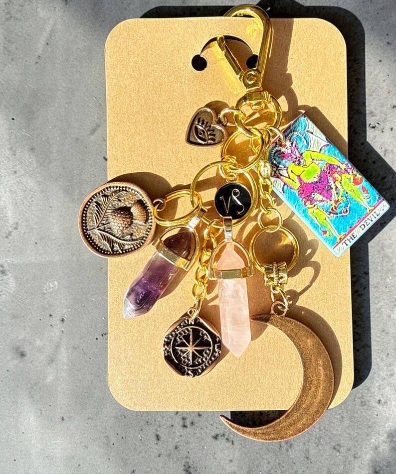 Capricorn Zodiac Bag Charm, Amethyst Rose Quartz Crystals, Moon Compass Tarot Pendant image 5