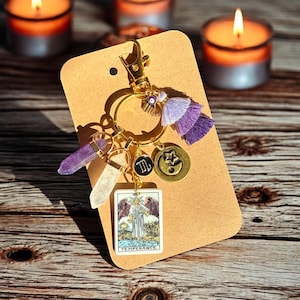 Charm para bolso con tu signo del zodiaco, llavero personalizado, EQUILIBRIO, PROTECCIÓN Y CLARIDAD, Carta del Tarot de la Templanza, Cristales naturales, Regalo de energía positiva