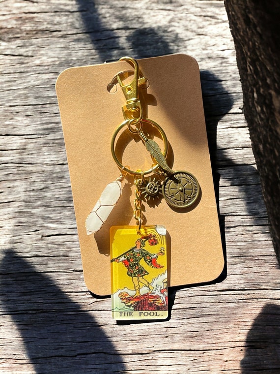 The Fool Tarot Card Purse Charm, Natural Quartz 14k Gold Plated Wire Wrapped, Feather Pendant, Positive Energy Gift
