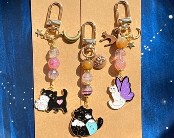 Thème chat de la nuit étoilée - breloque de sac à main de sac perles multicolores de FLUORITE et d'agate de qualité AAA, porte-clés de lune, breloque de fermeture éclair chat