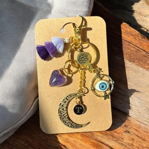 Tranquilidad y protección, dije bohemio con borla ombré para bolso, llavero, cristal de amatista natural en forma de corazón, letra inicial personalizada