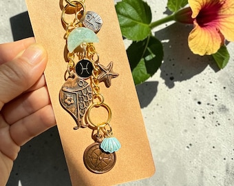 PISCES Zodiac AQUAMARINE Natural Gemstone, Pisces Water Sign Zodiac Bag Charm, Soulful Crystal Bag Accessory, Car Charm, Lucky  Charm