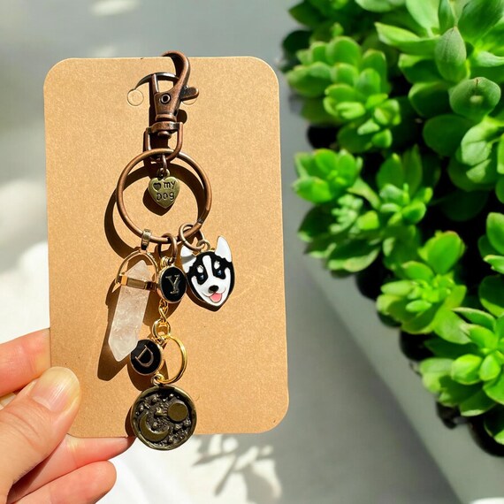 Husky Keychain, Clear Quartz Natural Crystal, Personalized Husky Mom, Husky Dad Gifts, Mindfulness Husky