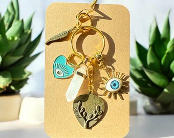 NUEVOS COMIENZOS - PROTECCIÓN - Amuleto de cuarzo natural para bolso, colgante, llavero, regalo de cumpleaños único, ojo que todo lo ve, mal de ojo, ojo de la providencia