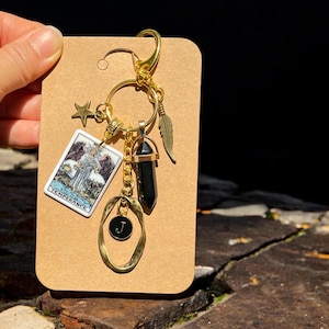 Gepersonaliseerde handtasbedel, The Temperance tarotkaartsleutelhanger, harmonie - kracht - bescherming, zwarte obsidiaan geschenken genezende steen