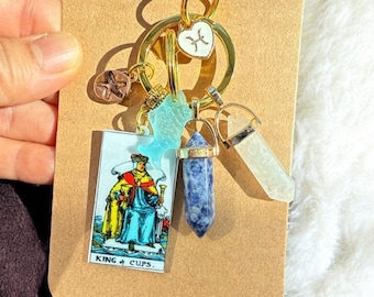 Pisces Zodiac Keychain: King of Cups Tarot, Sodalite & Quartz Crystals