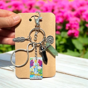 PROTECCIÓN/ARMONÍA/PACIENCIA/Amuleto de infinito para bolso, llavero/Llavero con la carta del Tarot de la Templanza/Regalo inicial personalizado/Regalos de energía positiva