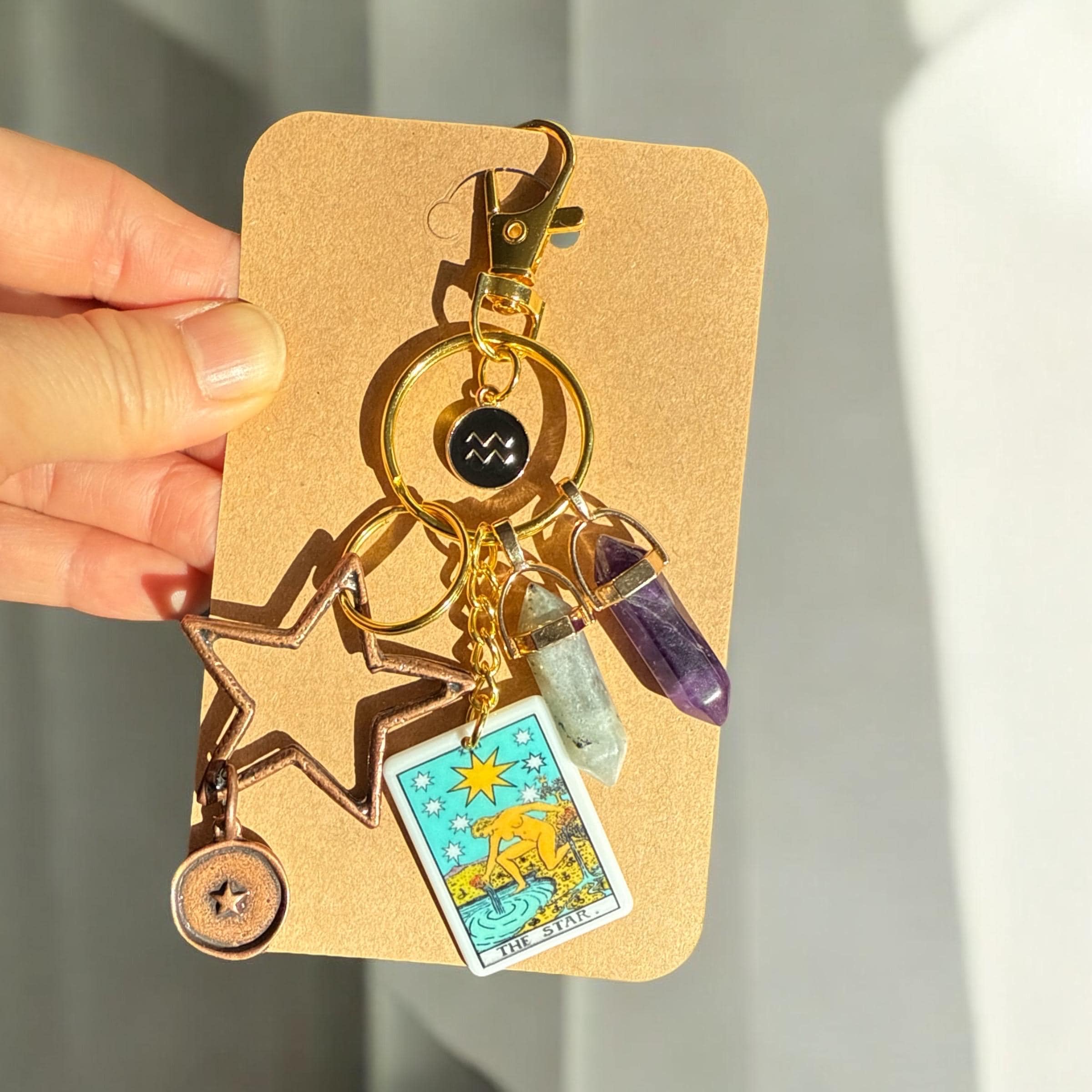 AQUARIUS Unique Bag Charm, Aquarius Keychain, Aquarius Crystal Hanging, THE STAR Tarot, Aquarius Crystals, January Birthday, February Gift