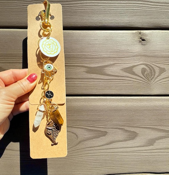 Pisces Zodiac Charm: Solar Plexus Chakra, Hamsa Hand, Bag/ Zipper/ Car/ Window Charms, Tiger's Eye, Clear Quartz