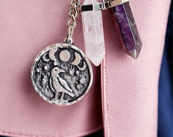 Natural Stones Purse Charm | LOVE & PROTECTION Keychain | Antique Silver-Plated Moon Phases Raven | Rose quartz Amethyst | Positive Energy