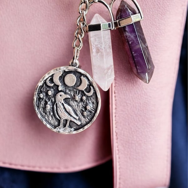 Natural Stones Purse Charm | LOVE & PROTECTION Keychain | Antique Silver-Plated Moon Phases Raven | Rose quartz Amethyst | Positive Energy