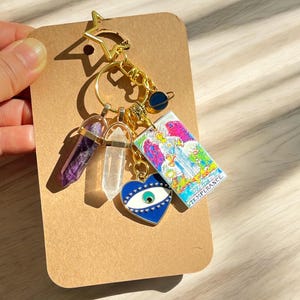 Pendentif de sac mauvais œil, améthyste naturelle, breloque de sac à main en quartz, cartes de tarot porte-clés TEMPERANCE, cadeau significatif, cadeaux des fêtes à énergie positive