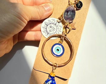 Unpolished Raw Rainbow Purple Flourite Natural Stone/ BOHO Celestial Unique Gift/ Bag Charm/ Window Charm/ Desk Charm/ Rearview Mirror Charm