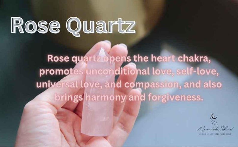 May include: A hand holding a polished rose quartz crystal. The image includes text that reads "Rose Quartz" and describes the crystal's properties, including promoting love and harmony.