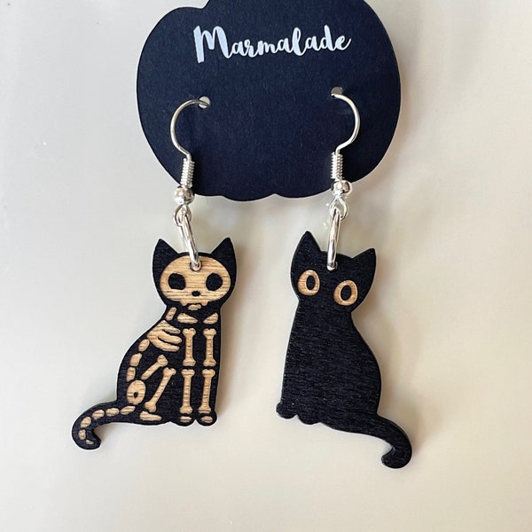 Skeleton Cat Earrings - Spooky Kitty Black Cat Wood Charm Dangle Earrings | Christmas Stocking Stuffers ideas | Cute Gifts | Cat Earrings