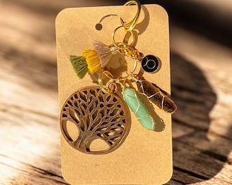Taurus Earth Element, Taurus Tree, Zipper Charm, Lucky Charm, Car Charm: Tiger Eye, Aventurine, Boho Ombre Tassel, Spiritual Gift Idea