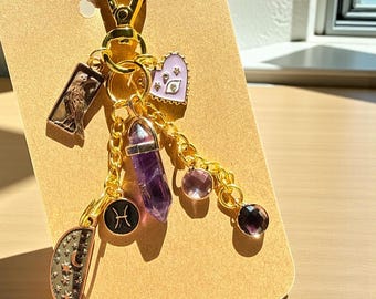 PISCES Amethyst Gothic Raven Moon Bag Charm, Pisces Crystal Zipper Charm, Evil Eye, Protection, Clarity, Inner Peace