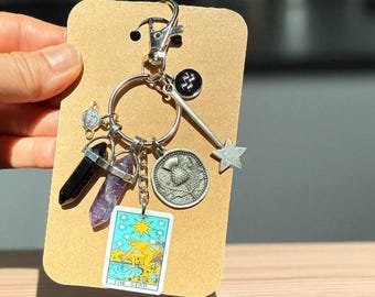 Aquarius Bag Charm Keychain: Amethyst, Obsidian, Thistle - Positive Energy Gift