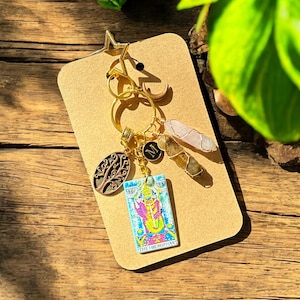 Taurus grote arcana tasbedel tarotkaart, sleutelhanger Taurus, de HIEROFANT, Taurus Crystals Set, gepersonaliseerd cadeau Stier, hemelse boom