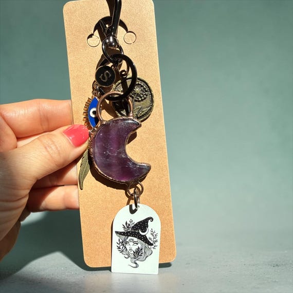 Dark Amethyst Soldered Antique Copper Crescent Moon Bag Charm, Witchy Dandelion Feather Evil Eye Protection (Personalized Initial)