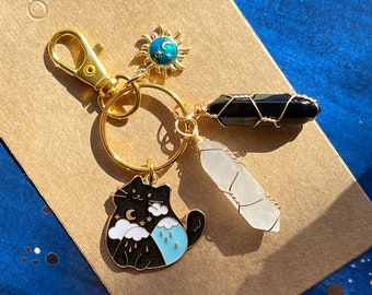 Meaningful Key Ring - Positive Energy Night Sky Moon Stars - Cat Mountain Night - Clear Quartz & Black Obsidian Meaningful Gift for Everyone