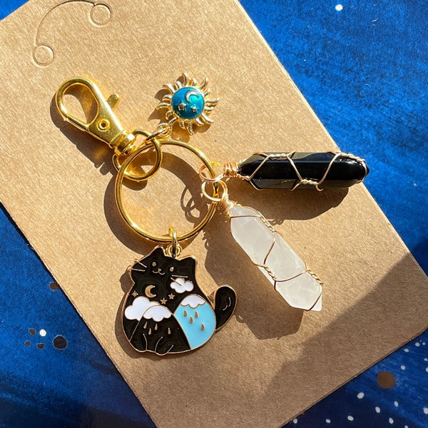 Meaningful Key Ring - Positive Energy Night Sky Moon Stars - Cat Mountain Night - Clear Quartz & Black Obsidian Meaningful Gift for Everyone