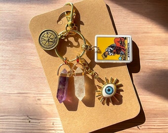STRENGHT Tarot Card Purse Charm | The Eye Keychain | Natural Stones Amethyst & Quartz | Spiritual Growth | Protection | Positive Energy Gift