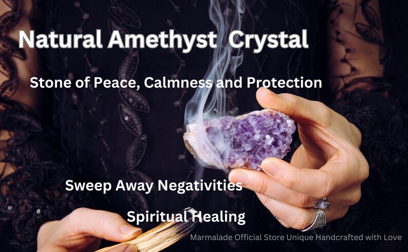 May include: A natural amethyst crystal is held in a person's hand, with smoke rising from it. The image includes text that reads "Natural Amethyst Crystal", "Stone of Peace, Calmness and Protection", "Sweep Away Negativities", and "Spiritual Healing".