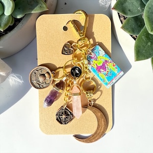 Capricorn Zodiac Bag Charm, Amethyst Rose Quartz Crystals, Moon Compass Tarot Pendant image 1