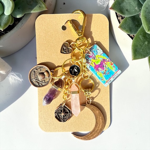 Capricorn Zodiac Bag Charm, Amethyst Rose Quartz Crystals, Moon Compass Tarot Pendant