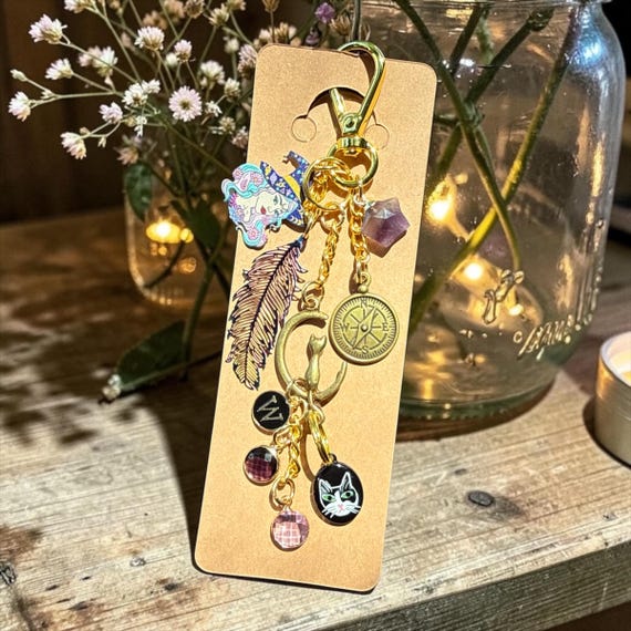 Amethyst Witchy Kitty Charm | Star Natural Stone, Feather, Compass Pendant Bag Zipper Accessory