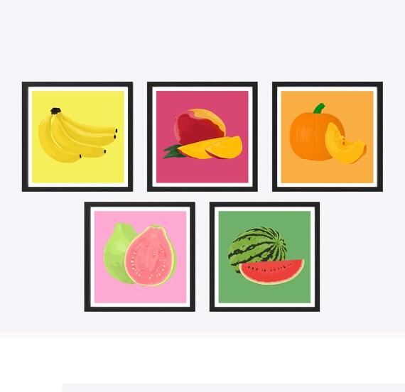Set of 5 Square Aesthetic Fruit Prints Kitchen Wall Art Etsy UK