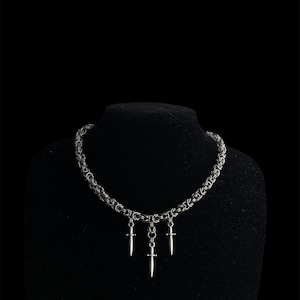 Byzantine chainmaille necklace chainmail „trinity of steel” medival choker stainless steel alternative gothic style sword charm jewellery