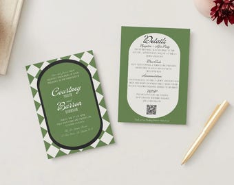 Olive Green Wedding Invitation Template, Vintage Arch Suite (Digital Download)
