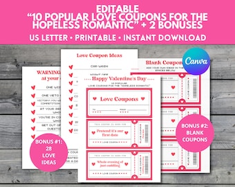 Customize Love Coupon Booklet for Hopeless Romantic, Personalize Anniversary Coupon, Love Coupon Printable, Customize Love Coupon Template