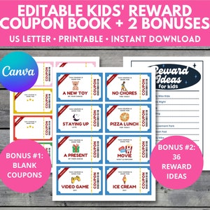 Editable Kids Reward Coupon Booklet, Printable Coupon Book for Kids, Personalized Reward Coupon Template, Birthday Coupon Book for Children