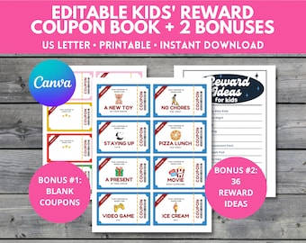 Editable Kids Reward Coupon Booklet, Printable Coupon Book for Kids, Personalized Reward Coupon Template, Birthday Coupon Book for Children