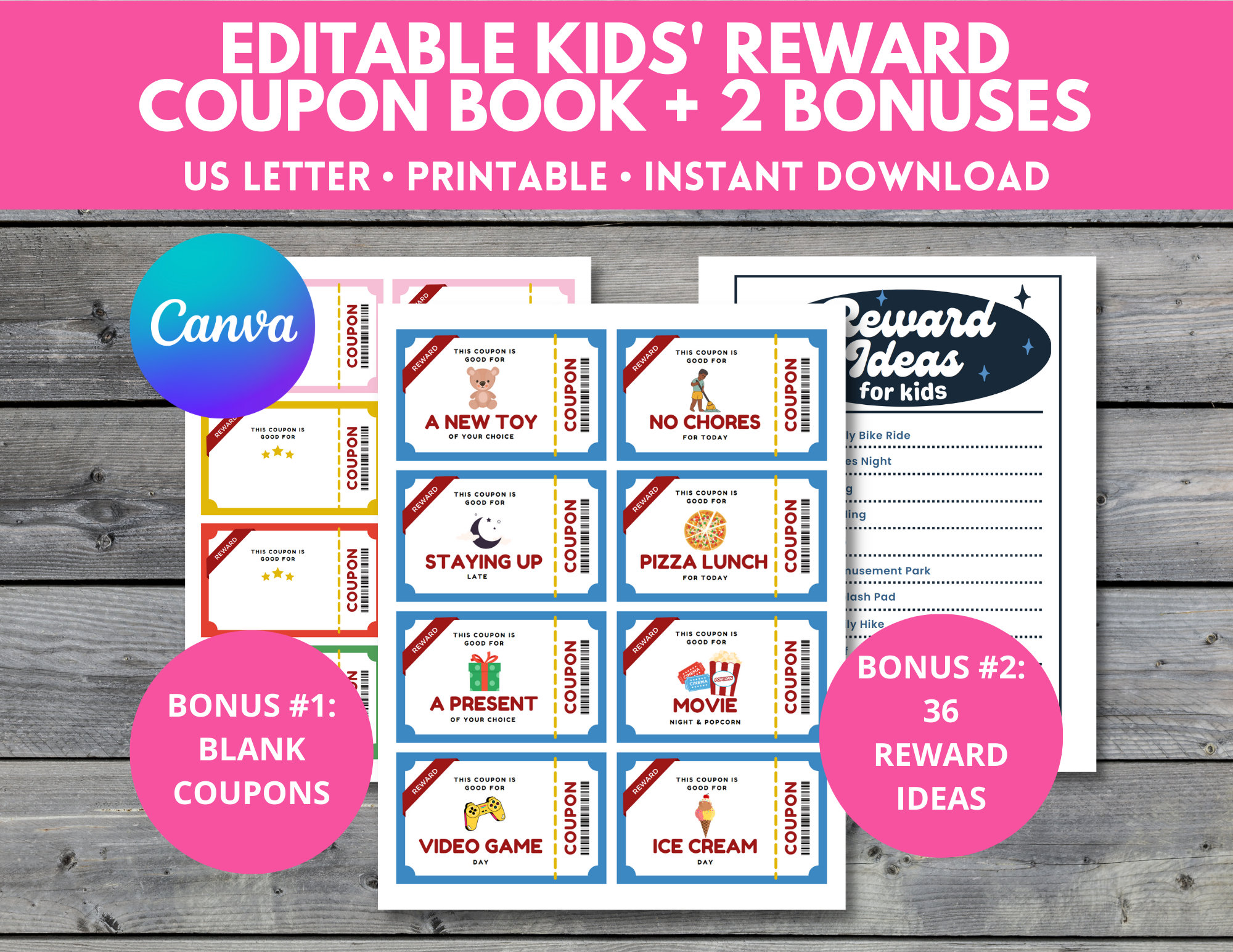 Editable Kids Reward Coupon Booklet, Printable Coupon Book for Kids, Personalized Reward Coupon Template, Birthday Coupon Book for Children