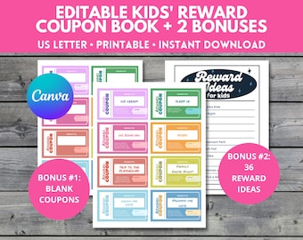 Editable Kids Reward Coupon Booklet, Printable Coupon Book for Kids, Personalized Reward Coupon Template, Birthday Coupon for Children