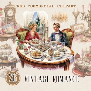 Vintage romance watercolor clipart, retro couple&#39;s dinner date free commercial PNG for valentine&#39;s card, retro romantic misc graphic