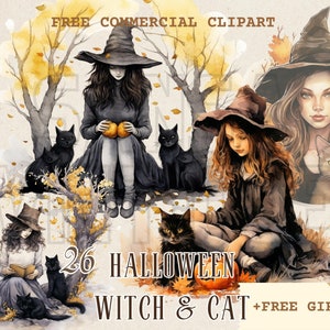 Halloween witch and black cat watercolor clipart bundle, spooky witchcraft free commercial PNG set, Vintage Halloween Ephemera