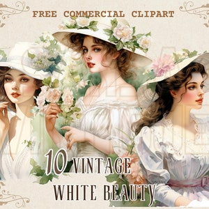 Vintage lady in white attire watercolor clipart, Retro beauty free commercial PNG set, classic beauty in white dress illustration
