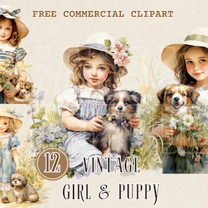 Vintage meisje en puppy aquarel clipart, Retro kind en hond gratis commerciële PNG set, Retro kind en hond illustratie, ephemera kunst